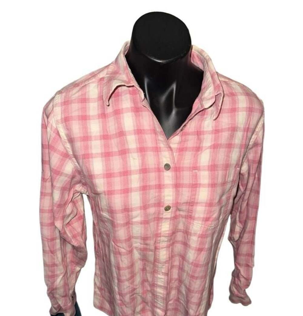 L.L. Bean Women's Pink and White Plaid Cotton Long Sleeve Button Down Shirt